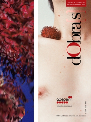 Capa da revista dObra[s], volume 19, número 45, de setembro a dezembro de 2025. À esquerda, uma fotografia artística com tons avermelhados e azul intenso, sugerindo movimento de folhas ou tecidos. À direita, parte do tronco nu de uma pessoa com um fruto exótico de cor vermelha apoiado sobre a pele. O título da revista aparece na vertical, em letras pretas e vermelhas. Na parte inferior, o logotipo da ABEPEM (Associação Brasileira de Estudos e Pesquisas em Moda) e o endereço do site: https://dobras.emnuvens.com.br/dobras.